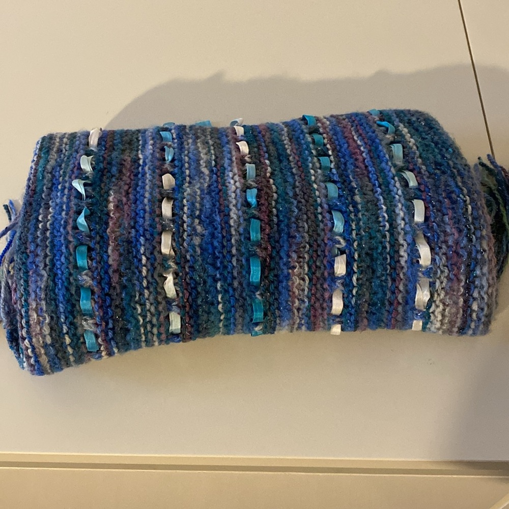 Hand-knit wrap  or scarf made with hand-dyed merino yarns and ribbon. NWOT